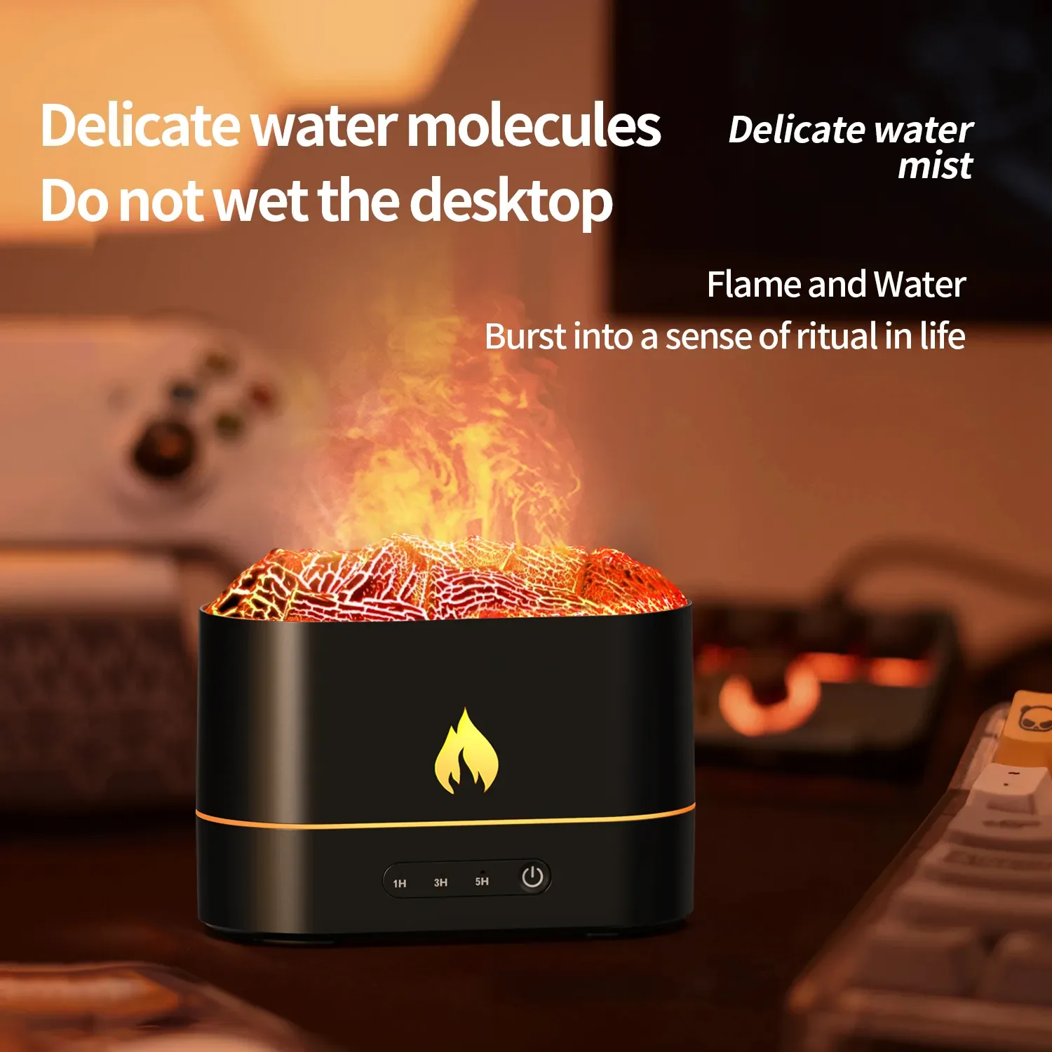 Masaüstü Renkli Led Işık Ultrasonik Simülasyon Yangın Etkisi Lava Volkan Hava Nemlendirici Uçucu Yağ Mini Alev Aroma Difuser